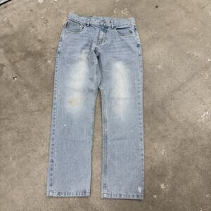 PLEASURES SAFETY PIN 5 POCKET STRAIGHT LEG JEANS EMBROIDERED SIZE 30 LIGHT WASH￼